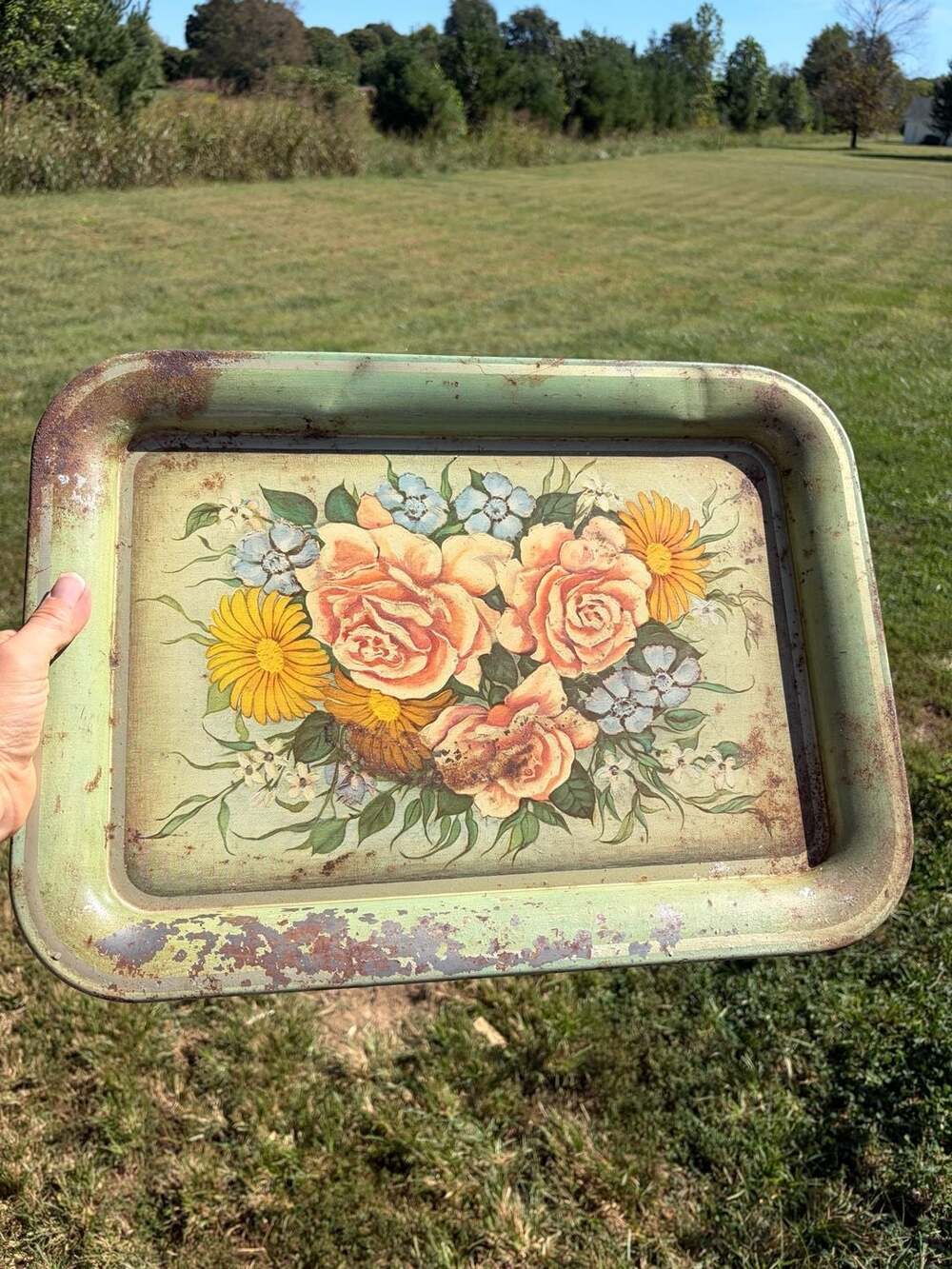 Vintage Floral Metal Serving Tray Green Rose Bouquet Design
